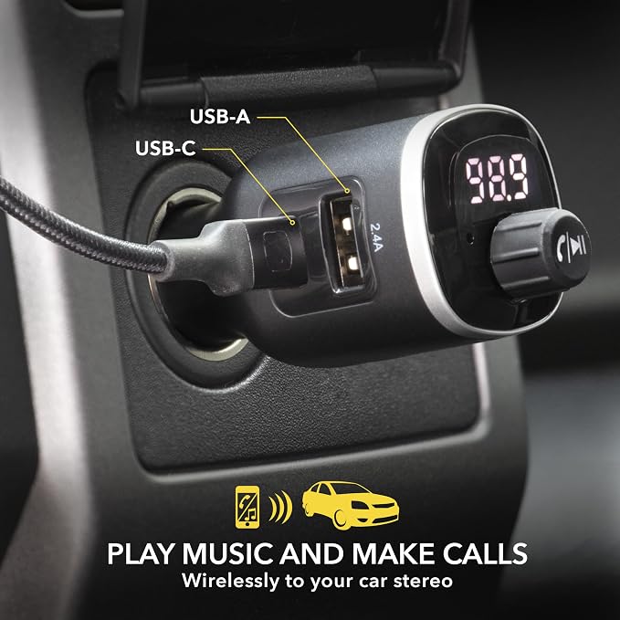 Scosche BTFM8 Bluetooth FM Transmitter Car, Dual 12W USB-C and USB-A Charging Ports, Fast Type-C Car Charger, Wireless Radio Bluetooth Adapter, Hands-Free Kit for Calls, Siri and Google Assistant