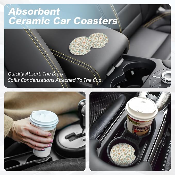 Green Floral Car Coasters for Cup Holders,2 Pack Car Cup Holder Coasters for Car,Ceramic Absorbent Car Coaster with A Finger Notch and Cork Base,Car Interior Accessories for Women Men