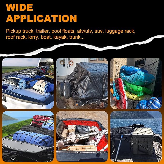 Seven Sparta Large Cargo Net for Truck Bed 5'x 7' Stretches to 10' x 14' | Latex, Large Size, With 16 D Clip Carabiners, For Truck Bed/Pickup Bed/Trailer/Trunk/SUV/Roof Racks/Pool Floats/Lorry/Storage