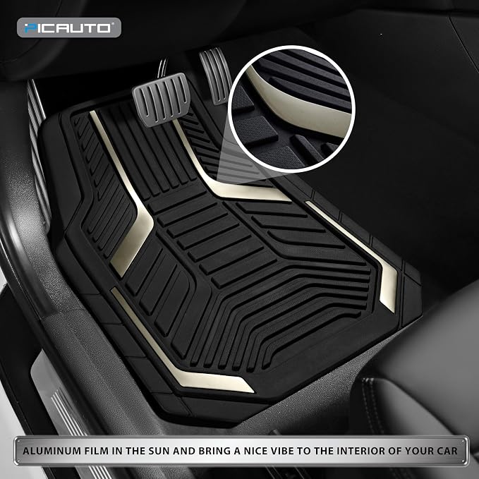 PIC AUTO Heavy Duty Rubber Floor Mats, Gray Aluminum Film Car Mats Set, Front and Rear Car Mats with Anti-Slip Backing, All Weather Protection, Trim-to-Fit for Automotive SUV, Sedan, Van