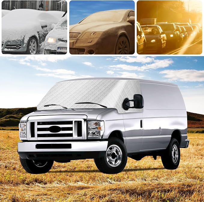 Windshield Sun Shade for 1992-2026 Ford E-Series E-150 E-250 E-350 E-450 Van Motorhome, External 5-Layer Reflective Sunshade for 2019-2026 Ford Econoline E-Series Van & Motorhome