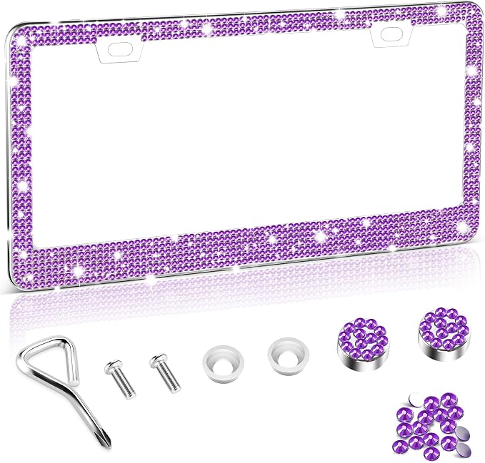 Amiss Bling License Plate Frame for Women, 1Pack Rhinestone Handcrafted Crystal Premium Stainless Steel, Stainless Steel Car Decorative Accessories with Diamond Sparkle Glitter Caps (Purple)