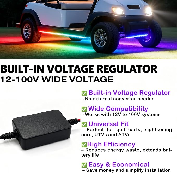2PCS Golf Cart Underglow LED Light Kit with Built-in 12V-80V Voltage Reducer, APP & Remote Control, Sound Active Music Sync, IP67 Waterproof, Battery Drain Protect, for EZGO Yamaha Club Car