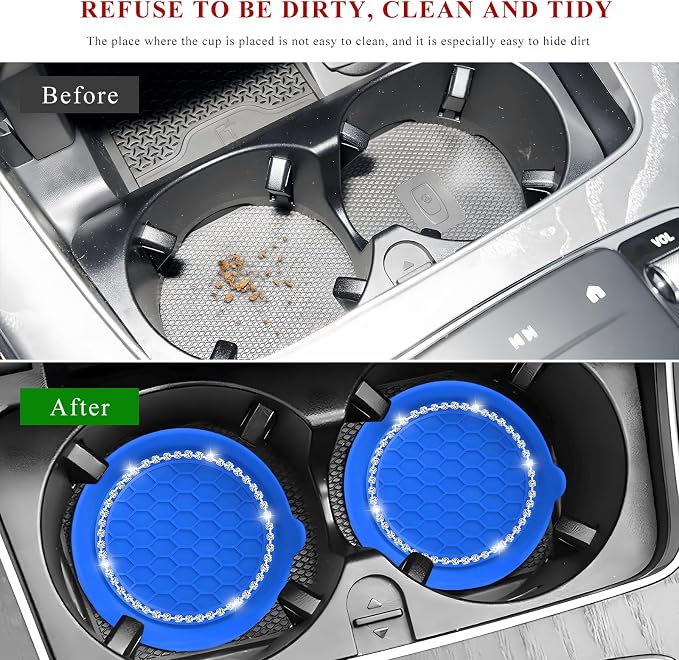 Sun Walker 4 PCS Bling Car Cup Holder Coaster, Non Slip Sparkly Rhinestone Cup Holder Pad Insert Coaster, Shockproof Silicone Shiny Embedded Drink Mat Interior Decor for Most Vehicles (Blue)