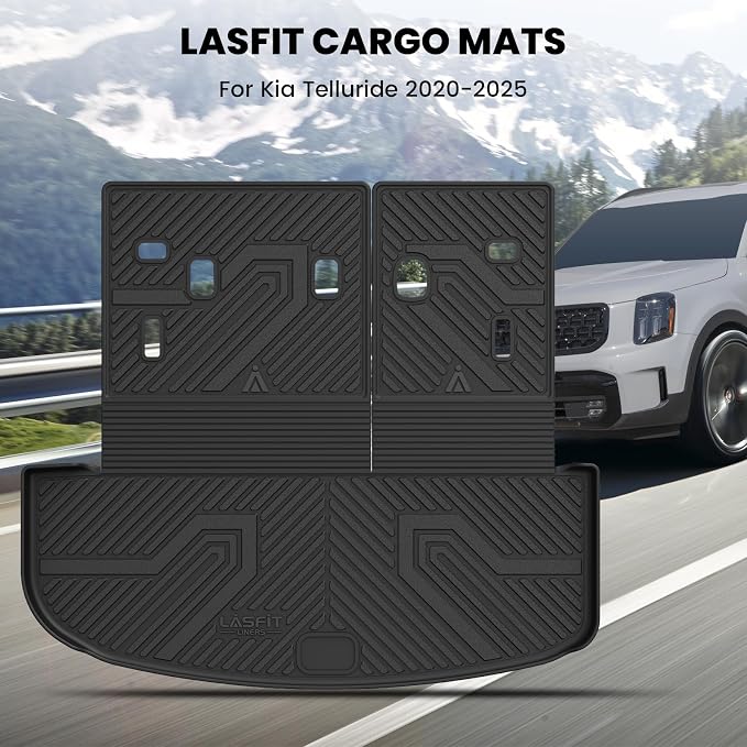 LASFIT Cargo Mat & Backrest Mats for Kia Telluride 2025 2024 2023 2022 2021 2020, All Weather TPE Custom Fit Trunk Mats & Seatback Mats Accessories for Kia Telluride 2020-2025, Black