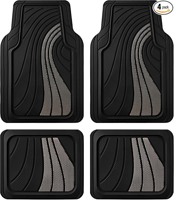 Road Comforts Car Floor Mats Full Set – Front & Rear Car Floor Mats with Aluminum Design, Anti-Slip Backing, All-Weather Protection, Trim-to-Fit Car Mats for Most Sedans, SUVs & Vans - Light Grey