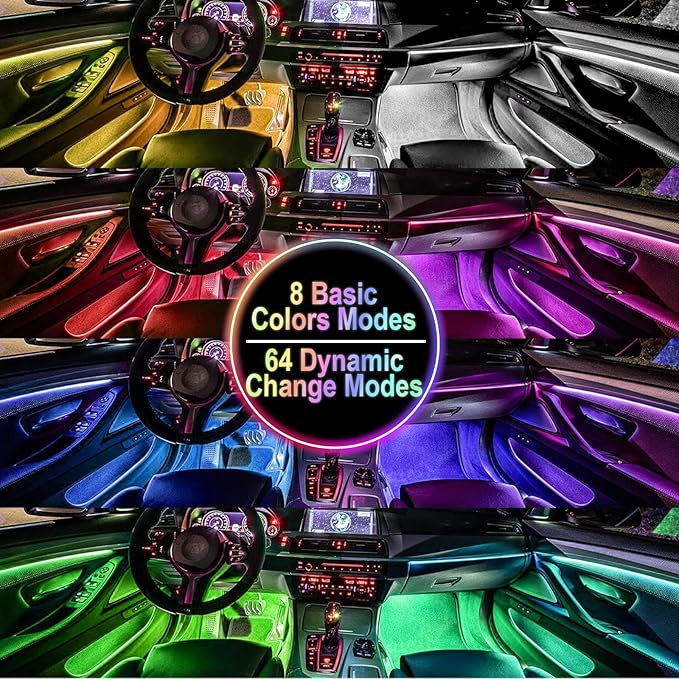 BFXM Car Interior Lights, 12V LED Strip Lights with Cigarette Lighter Adapter, Ambient Lighting Car Accessories, App & Remote Control Music Sync Color Change Lights for Truck Car- 2 Set