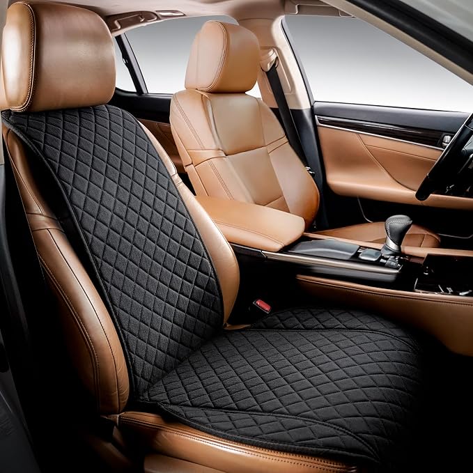 IVICY Faux Linen Front Car Seat Cover – Non-Slip Bucket Seat Protector for Most Cars, SUVs, Vans & Trucks – 1 Seat Cover, Machine Washable, Side-Airbag Friendly, Black