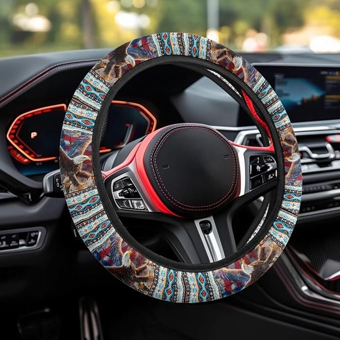 Wanyint Auto Steering Wheel Cover Unviersal 15 Inch Steering Wheel Wrap Cover 4th of July Auto Interior Accessories Decor for All Seasons, Aztec Eagle US Flag