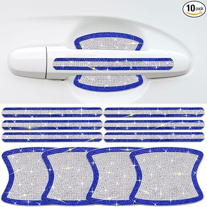 10PCS Car Door Handle Bling Rhinestones Stickers, Blue & Sliver | Universal Auto Door Handle Safety Reflective Strips, Cute Car Decor