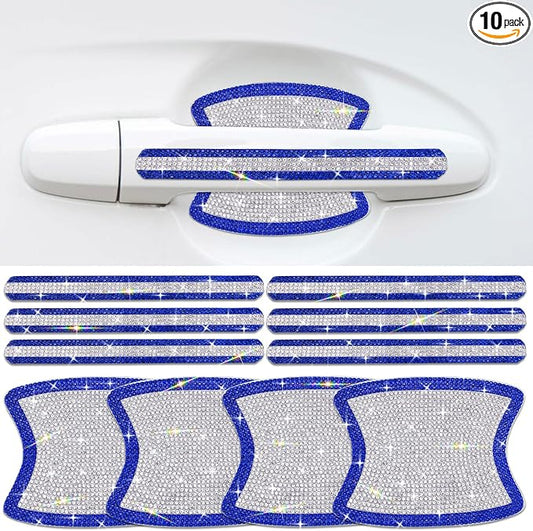 10PCS Car Door Handle Bling Rhinestones Stickers, Blue & Sliver | Universal Auto Door Handle Safety Reflective Strips, Cute Car Decor
