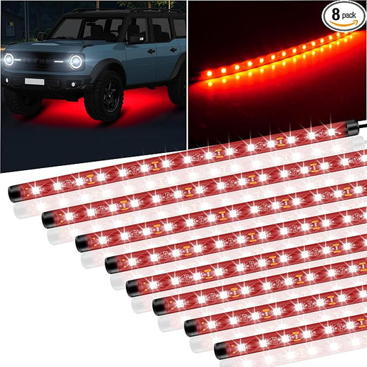 8 Pcs Car Led Light Strip IP67 Waterproof 11" Flexible Led Lights Underglow 12V for Car Motorcycle Boat Golf Cart Interior Exterior Decoration - Red