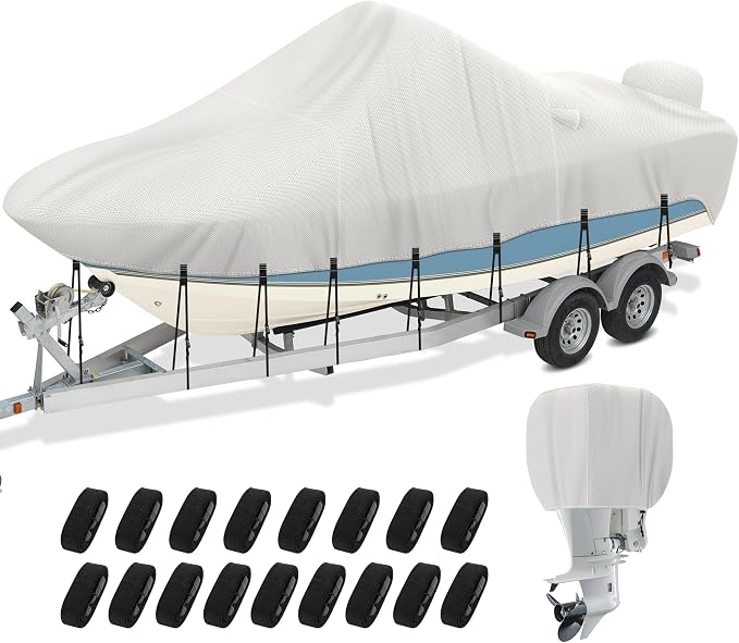Center Console Boat Cover 20-22ft, 1200D Waterproof Boat Cover with Motor Cover, Trailerable Boat Cover for Center Console Boat, Heavy Duty Marine Grade UV Resistant Polyester Fabric, Gray