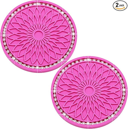 2PCS Bling Car Cup Holder Coasters, 2.75 Inch Silicone Anti-Slip Insert, Bling Shockproof Cup Mat for Women Girls, Universal Fit for Most Vehicles (Rose Red & White)