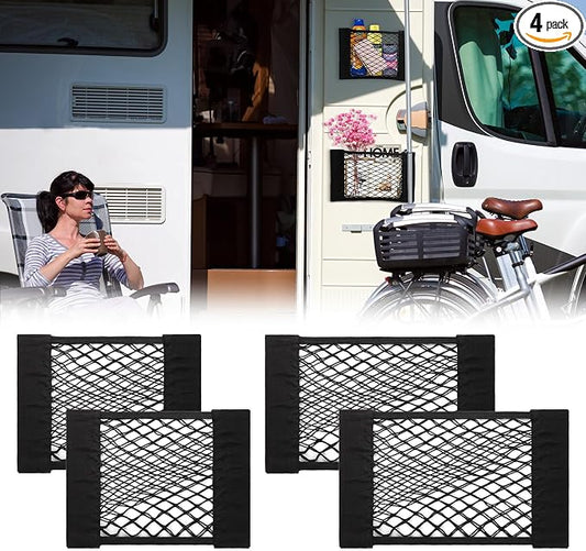 PIFOOG 4Pcs Car Storage Net Pockets, Stretchable Mesh Cargo Net Organizer with Adhesive Hook and Loop Strips, Universal Trunk Back Seat RV Camper SUV Truck Storage Pouch, 11.8" x 9.8" & 15.7" x 9.8"