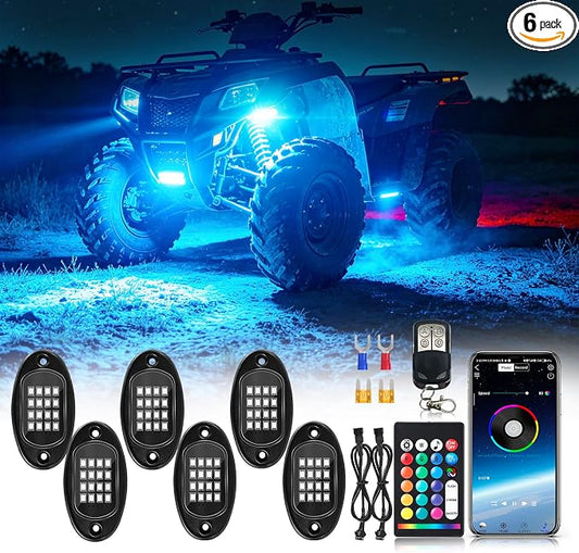 6Pods Segmented RGB LED Rock Lights Kit with APP/RF Remote Control, Upgraded Multicolor Underglow Neon Brake Light Music Mode Waterproof 12V Fender Lights for Trucks Pickup Jeep Golf Cart ATV UTV