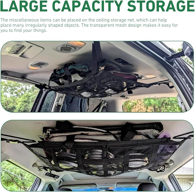 Car Ceiling Cargo Net, Double Layer Roof Storage Net with Pockets, 31.5" x 21.6" Camping Ceiling Storage Organizer, Fit for Sedans SUVs ravel Road Trips,Van Life Essentials (Black)
