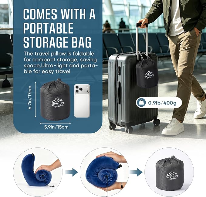 SkytraxComf® Travel Neck Pillow with Hood for Privacy on Long Flights | Memory Foam | Airplane Sleep | Safety-Tested Materials | Extra Large Hood | Chin Support | Earplugs | Washable Cover