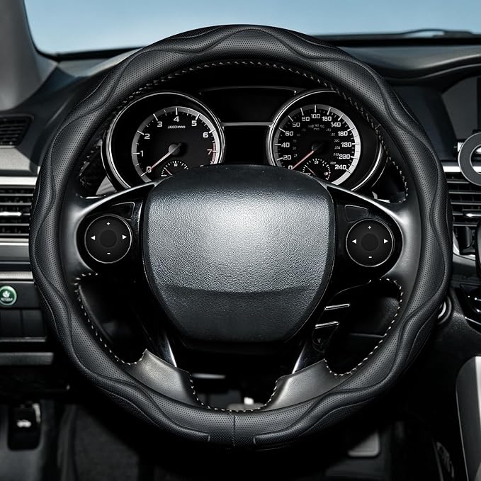 Steering Wheel Cover with Anti-Slip Leather Grip Compatible with Ford, Toyota, Honda, Nissan, and Chevrolet Vehicles for 14.5-15.35 inch Round Steering Wheels Universal Car Accessories