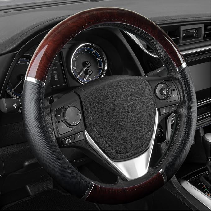 BDK Dark Wood Grain Car Steering Wheel Cover, Standard 15 inch with Black Faux Leather Grip, Made to Fit Most Auto Truck Van SUV