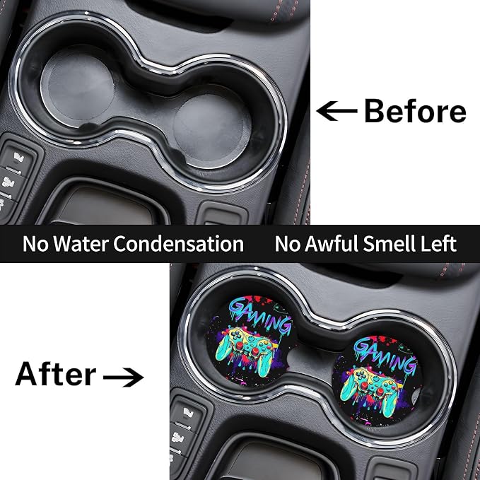 Game Car Cup Holder Coasters 2 Pack 2.63" for Women | Universal Anti Slip Ceramic Absorbent Coaster with Cork Base and Finger Notch Cute Car Accessories Interior