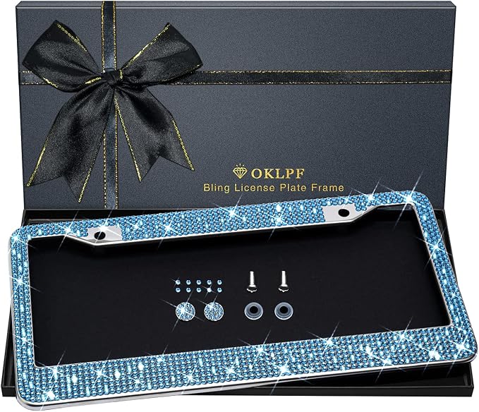 Bling License Plate Frame for Women, Sparkly Stainless Steel License Plate Frames| Over 1200 pcs 14 Facets Bedazzled Clear Glass Diamond Rhinestone Crystals 1PCS (Light Blue)