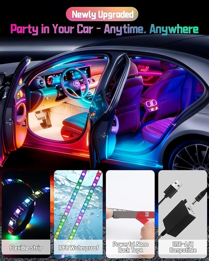 Interior LED Lights for Car, Flexible LED Strip with App and Remote Control, USB-A/C RGB Lights with DIY Mode and Music Mode, 72 LEDs