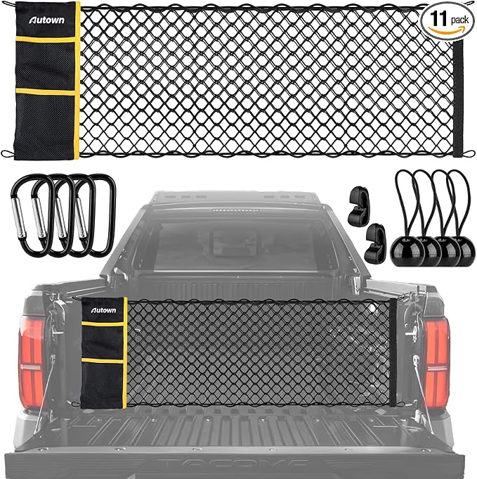 AUTOWN Truck Bed Cargo Net, Envelope Bed Netting for 2013-2025 GMC Sierra & Chevy Silverado, Pickup Truck Bed Organizer with 5mm Bungee & Integrated Storage Bag & Bungee Balls & Carabiners - 18" x 50"