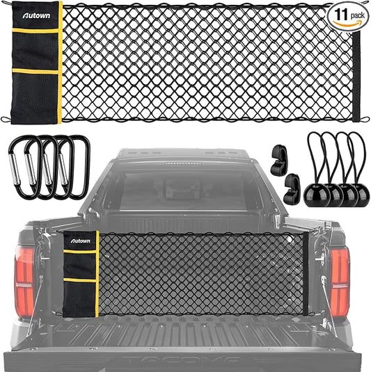 AUTOWN Truck Bed Cargo Net, Envelope Bed Netting for 2013-2025 GMC Sierra & Chevy Silverado, Pickup Truck Bed Organizer with 5mm Bungee & Integrated Storage Bag & Bungee Balls & Carabiners - 18" x 50"