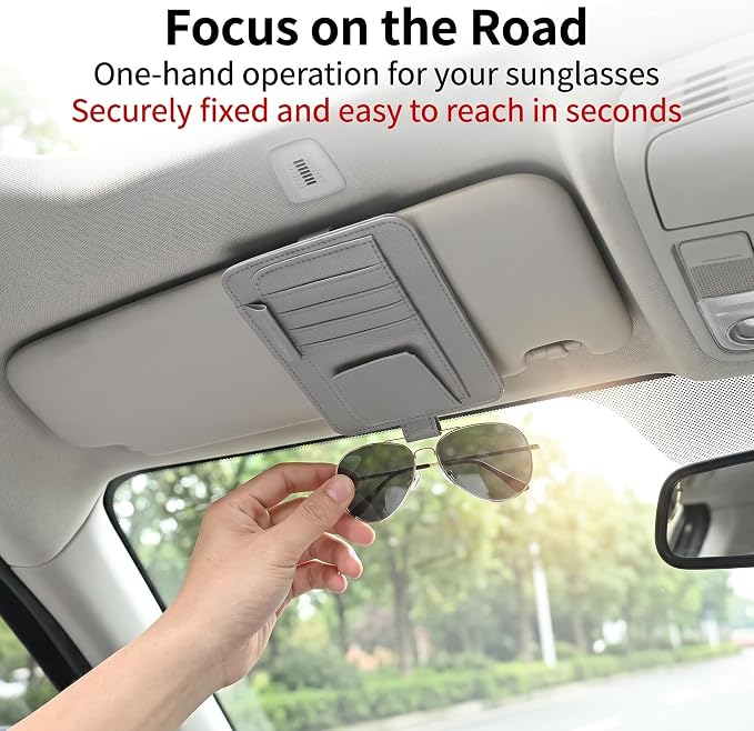 1 PC Car Sun Visor Organizer, Multifunctional Visor Storage with Card Slots and Pen Loop, for Sunglasses Documents and Cards, Universal for Most Cars, SUVs, Trucks (Gray)