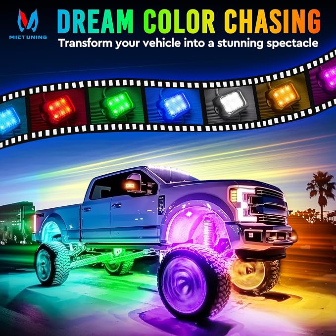 MICTUNING C2+ RGB+IC Chasing Color Ultra-Bright 8 Pods LED Rock Lights | Switch Wiring Kit, Extra Extensions, Aluminum Housing, IP68 Waterproof, Series/Parallel, Up to 24 Pods, Music Sync Mode