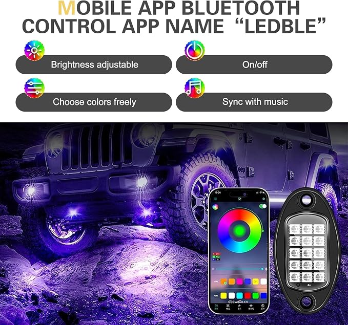 WZP 4 Pods RGB LED Rock Lights, Multicolor Underglow LED Light Kit with APP Control & Music Mode, 12V Waterproof PVC Off Road Lights, Wheel Light for Truck SUV ATV UTV Golf Cart Pickup