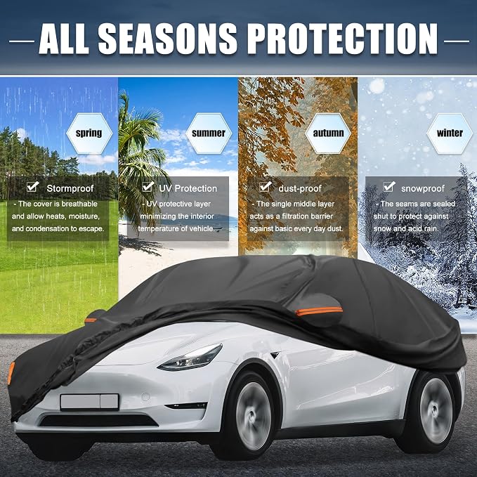 X AUTOHAUX Car Cover for Tesla Model Y 2020-2025 210D-PU Outdoor Full Car Cover All Weather with Door Zipper for Waterproof Windproof Sun Rain Snow Protection