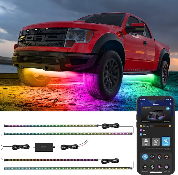 Govee Underglow Car Lights, 4pcs, RGBIC, Smart LED Lights, App Control | 16 Million Colors, 10 Scene Modes, Neon Accent Strip Lights, for SUVs, Trucks, DC 12-24V