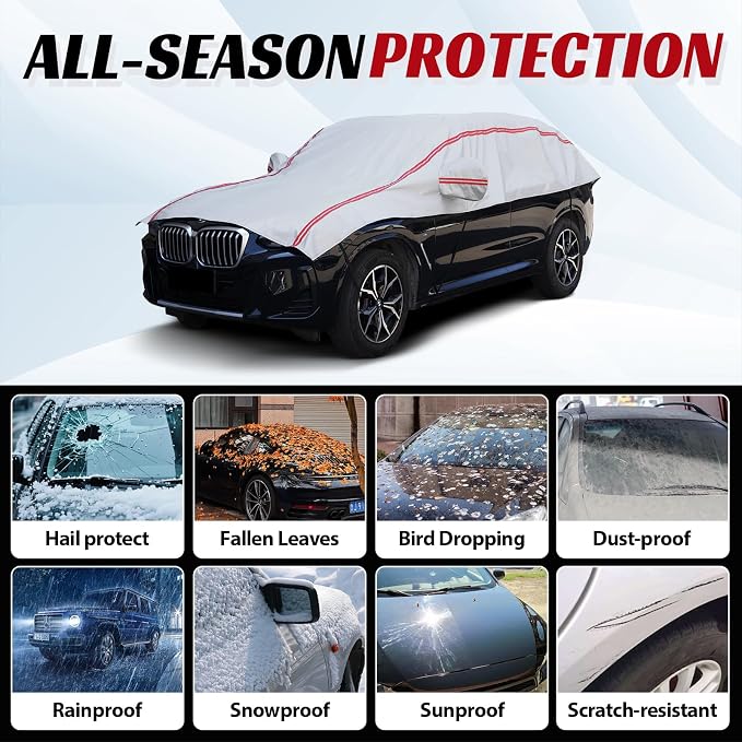 Half Car Cover Top, Windshield & Sunroof Cover for Ice and Snow with Cotton Liner, Hail Protector Car Cover Waterproof All Weather for Snow, Sun, Rain, Dust, Fit Sedan Universal