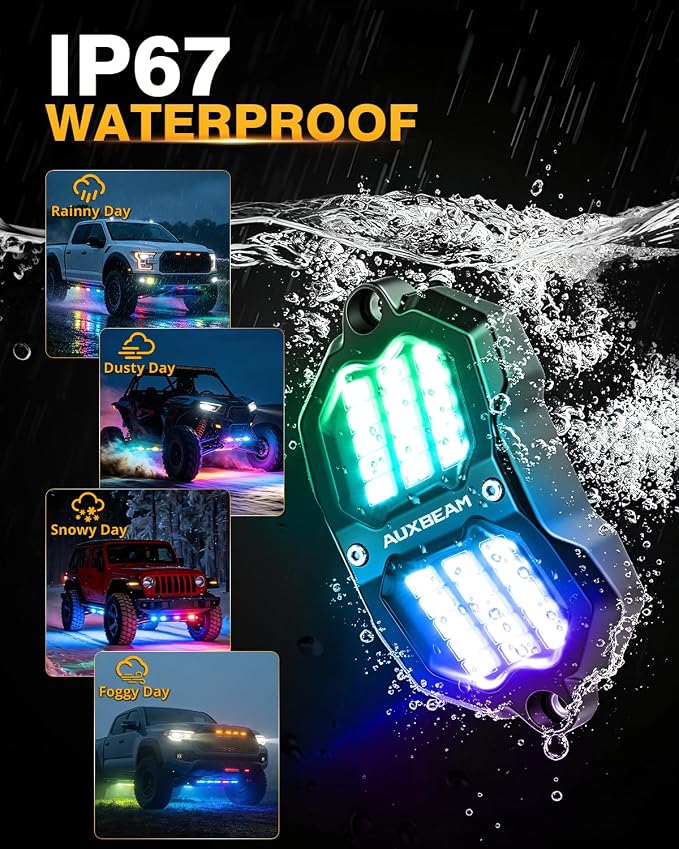 Auxbeam 2 Pods RGB Rock Lights with Brake Mode LED Dynamic Color Changing Underglow Kit w/Bluetooth APP&Remote Control Music Voice Sync Waterproof for Trucks ATV Car 2 Year Warranty (NO Controller)