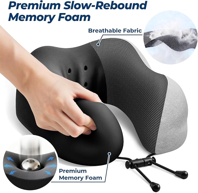 ExploreBliss Travel Pillow, Travel Pillows for Sleeping Airplane, Neck Pillow Airplane, Memory Foam Neck Pillow Set with Eye Mask, Earplugs and Storage Bag -Light Grey