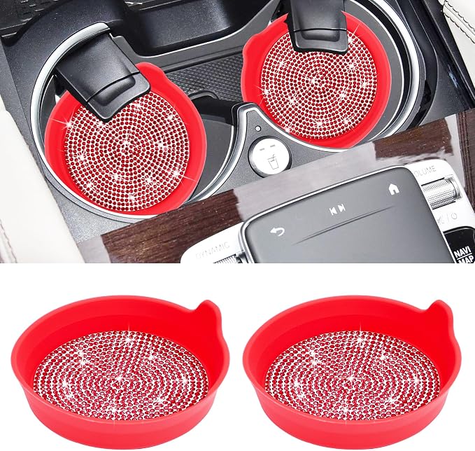 Amooca Car Cup Coaster Universal Non-Slip Cup Holders Bling Crystal Rhinestone Car Interior Accessories 2 Pack Red Whole Rhinestone