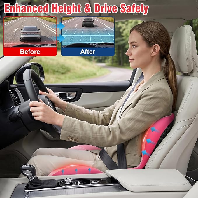 Car Seat Cushion with Lumbar Support Pillow, Memory Foam Office Chair Cushion for Back Pain Sciatica Pain Relief, Ergonomic L-Shaped Seat Cushion for Car Truck Driving Office Chair Home (Pink)