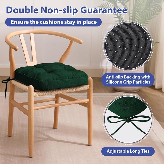 IASEAHK Chair Cushions for Dining Chairs, Dining Chair Cushions, Tufted Indoor Chair Pads with Ties & Non Slip Backing, Seat Cushions for Kitchen Chairs 16.5” x 16.5” x 3.5”, Set of 6, Green