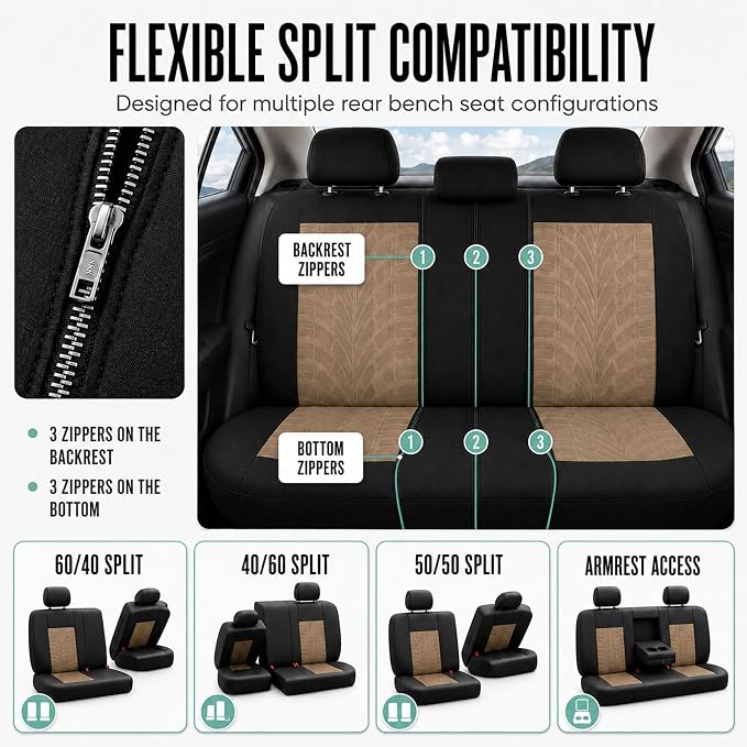 FH Group Rear Set Travel Master Car Seat Covers - Universal Fit, Split Bench Rear Seat, Washable, for SUV, Sedan, Beige