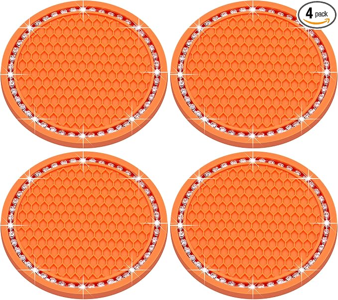 4PCS Bling Cup Holder Coaster, 2.75 Inch Auto Car Cup Holder Insert Coasters, Soft Silicone Anti-Slip Shockproof, Universal Vehicle Interior Accessories for Women Girls (Orange & White)
