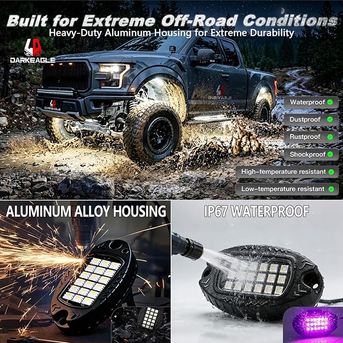 4Pods Heavy Duty Aluminum RGBW LED Rock Lights Kit for ATV UTV 4 Wheeler Can-Am SXS RZR Side by Side Offroad Vehicle, APP & RF Remote, Plug&Play Pre-Wired, IP67 Waterproof 12V Underglow Accent Light