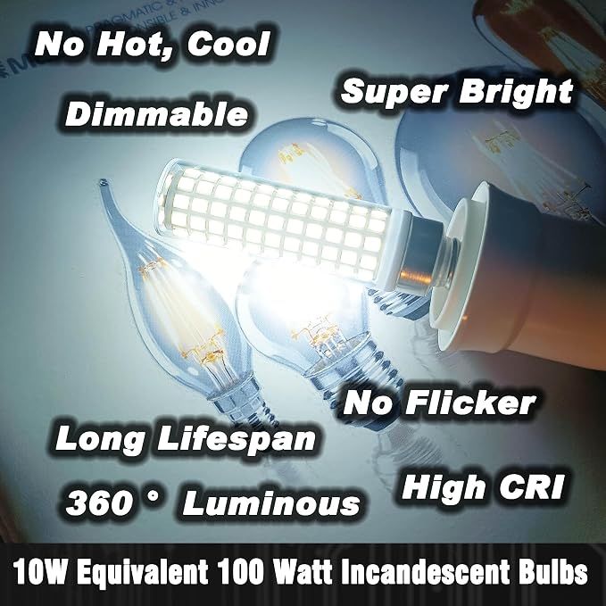 Dimmable E12 C7 LED Candelabra Bulb 10W 6000K Daylight White 1000lm, 3 Pack | Equivalent 100W, AC120V, 360° Beam Angle, T6 Candle Base for Home Decorative Ceiling Fan Chandelier Pendant Salt Lamp