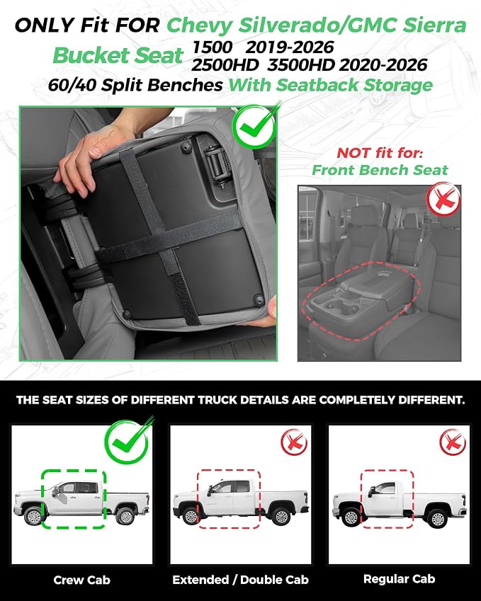 Custom Fit Seat Covers for 2019-2026 Sierra/Silverado 1500 CrewCab | Fits 2500/3500HD 2020-2026, with Rear Armrest/Seatback Storage, Faux leather, Waterproof, Scratch-resistant, Easy-clean