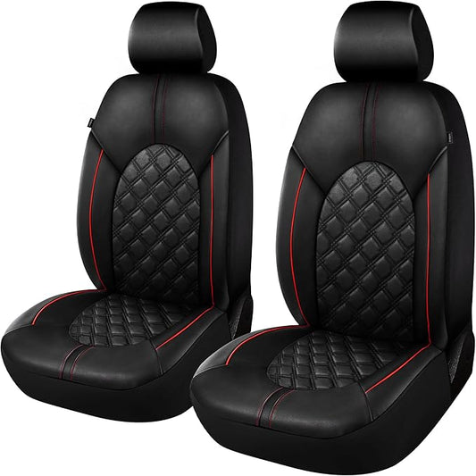 CAROMOP Luxury PU Leather Car Seat Covers Front Set - Anti-Stain Waterproof Automotive Seat Covers for Cars - Universal Car Interior Covers Seat Protectors for SUVs Pick-up Trucks(Black/Red Line)