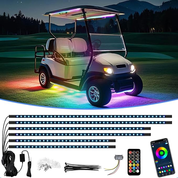 Golf Cart Underbody and Canopy LED Lights 6Pcs, 12V - 80V Input Golf Cart Underglow Light Kit Bluetooth APP Control for EZGO Club Car Yamaha, Music Mic Sync Modes (Included Voltage Reducer)