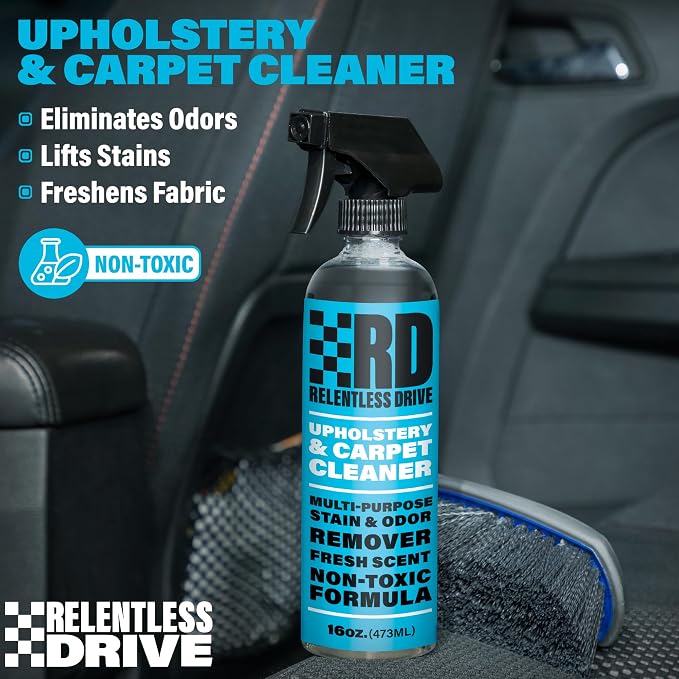 Relentless Drive Car Carpet Cleaner & Car Upholstery Cleaner | Car seat cleaner for fabric interiors, floor mats, auto upholstery with Heavy duty brush, 16oz. Works as couch & sofa cleaner