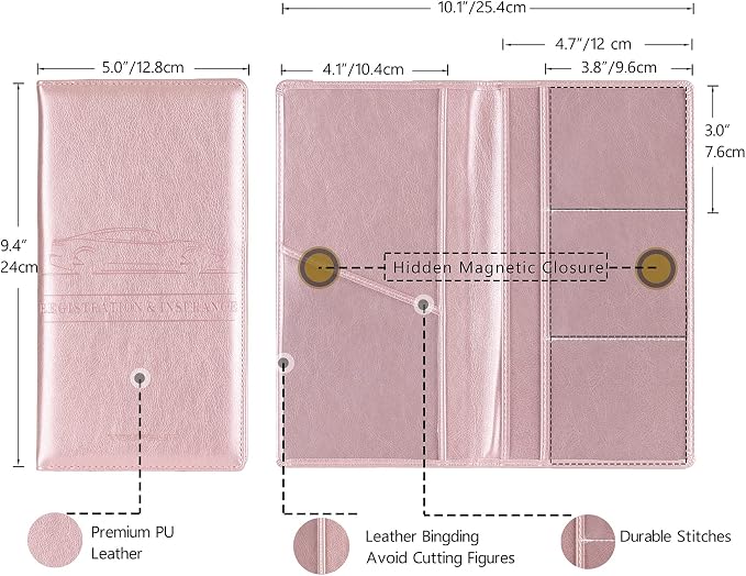 TOURSUIT Car Registration & Insurance Card Holder, Rose Gold | Vehicle License Document Organizer, Glove Box Compartment, Interior Car Accessories, For Women Men