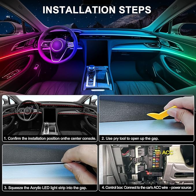 Dreamcolor Acrylic Interior Car LED Strip Light with Wireless APP, RGB 6 in 1 with 175 inches 593 LEDs Fiber Optic Strip Lights for Car, Music Sync Neon Car Ambient Neon Lighting Kits